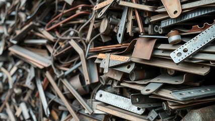 Fototapeta premium Close-up image of various scrap metal pieces stacked for recycling, industry, warehouse, manufacturing