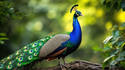 Obraz premium A majestic peacock with vibrant blue and green plumage stands on a branch, displaying its impressive tail feathers.