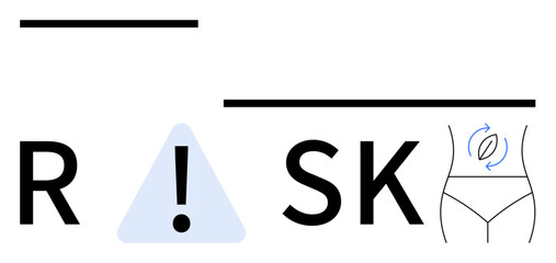 Word Risk featuring an exclamation mark in a triangle, two horizontal lines, and a waist area. Ideal for health warnings, body image issues, medical alerts, fitness risks, diet cautions, educational