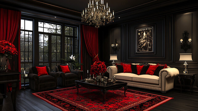  ??????????A stunning living room with a dark wall red accents and a touch of luxury ?????????? Monochrome Black white gray charcoal 3D Rendering