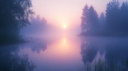 Fototapeta premium A misty sunrise over a still lake, with soft pink and purple hues in the sky and water. The sun shines through the fog, illuminating the trees on the shore.