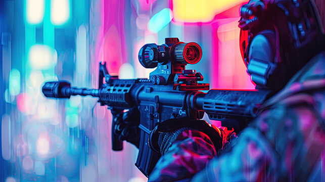 A futuristic soldier aims a rifle in a vibrant neon-lit cityscape at night, showcasing a dynamic and intense scene.