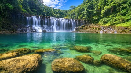 A stunning waterfall cascades into a crystal-clear pool surrounded by lush greenery.