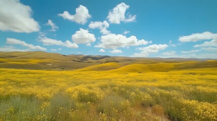 Fototapeta premium The blue sky and white clouds cover the rapeseed flower field, creating a magnificent scene of yellow flowers blooming on undulating green hills under bright sunshine