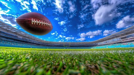 A dynamic view of a football soaring over a lush green field under a bright blue sky, capturing the essence of the game.