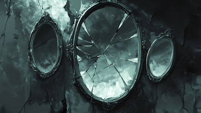 Fractured reflections: broken mirrors reflect distorted images of a once-beloved self, haunting reminders of what was lost in the pursuit of oblivion. Oblivion. Illustration