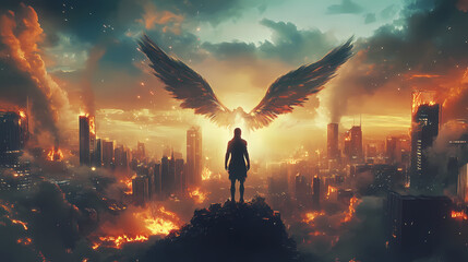 High-angle view angelic descent upon burning cityscape, digital painting, fiery clouds, heaven hell contrast, fantasy art. angels, heaven, hell. Oblivion. Illustration