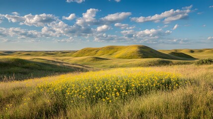 Fototapeta premium The blue sky and white clouds cover the rapeseed flower field, creating a magnificent scene of yellow flowers blooming on undulating green hills under bright sunshine