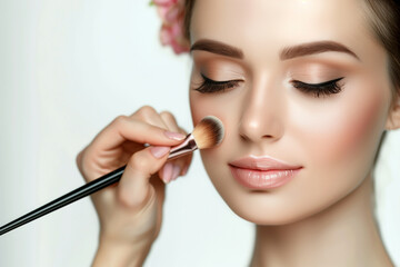 Fototapeta premium Close-up of the hand of a makeup artist applying cosmetics products on a beautiful woman with a cosmetic brush, white background 