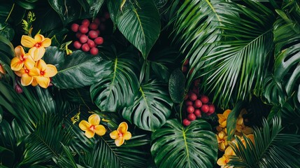 Lush tropical foliage with yellow flowers and red berries