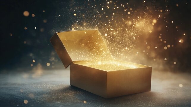 Opened magical Box with light beams and sparkles around, magical and mystery moment what is inside. High quality photo