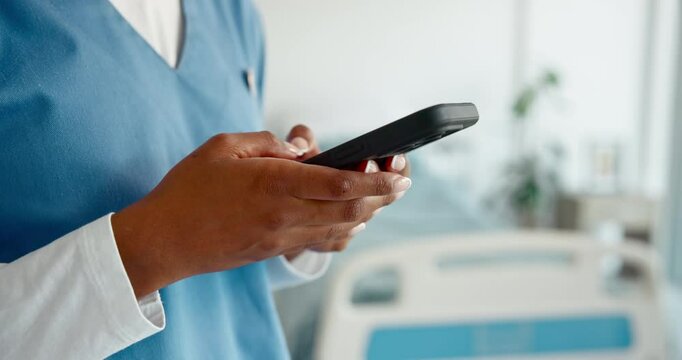 Nurse, woman and hands typing with phone for wellness report, healthcare email or scroll results. Medical professional, mobile or closeup in clinic to update schedule, telehealth feedback or research