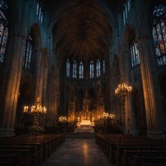 Fototapeta premium A Gothic cathedral glowing with candlelight during an evening mass.