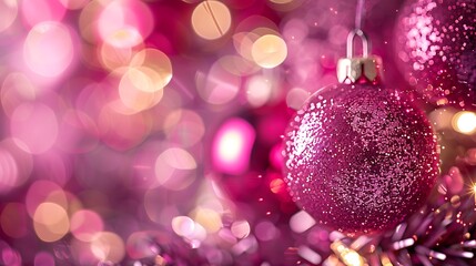 Fototapeta premium Sparkling pink decoration reflecting festive lights, creating a mesmerizing and enchanting effect in a close-up shot