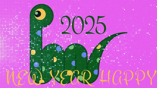 2025 Happy New Year. Loop animation with snake python symbol of the year on colorful background. Seamless holiday footage.