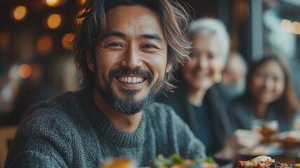 Happy family friends having dinner together, multiracial generation ages traditions