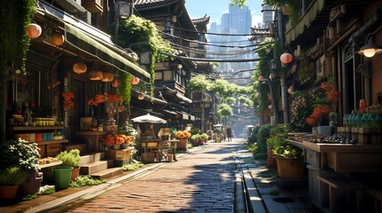 Naklejka premium Sunlit Asian street scene with shops and plants.