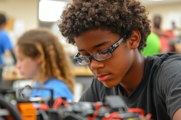 Focused adolescent building a complex robotics project during a hands-on engineering class.