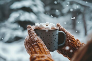 Steaming hot chocolate topped with marshmallows and cocoa powder. Girl hands in mittens holding a mug to get warm. Winter beverage outdoors. Christmas drink. Woman with coffee during a snowfall. Snowy