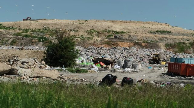 Overflowing landfill with trash bags and debris, while numerous birds circle above, illustrating severe environmental pollution.