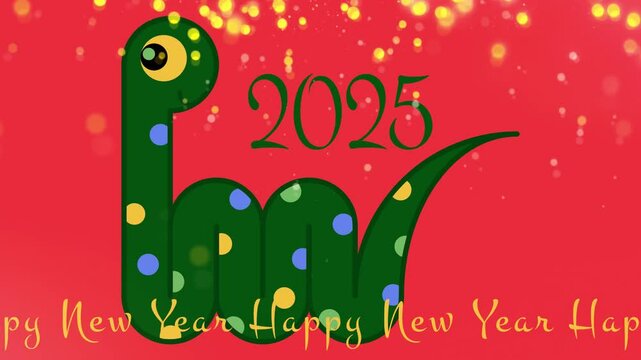 2025 Happy New Year. Loop animation with snake python symbol of the year on colorful background. Seamless holiday footage.