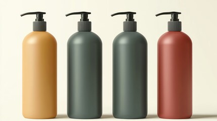 Four blank shampoo bottles in different colors with pump heads on a white background.