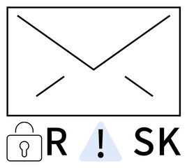 Envelope, lock, exclamation mark icon within triangle, and letters R and SK. Ideal for cybersecurity, email protection, data safety, IT security risk management infosec online communication. Line