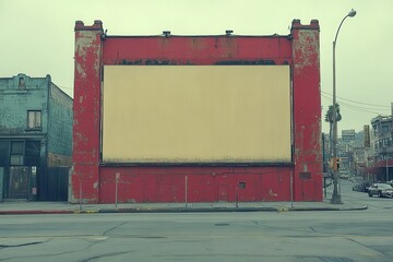 Obraz premium A weathered red wall with a blank billboard in an urban setting.