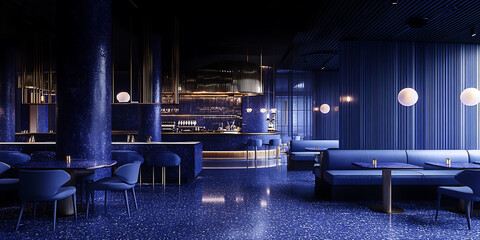  Cosmic Cafe Deep blues and purples galaxy-themed decor comfy seating a mystical and relaxed space Royal Gold Deep purple royal blue gold white Pointillism