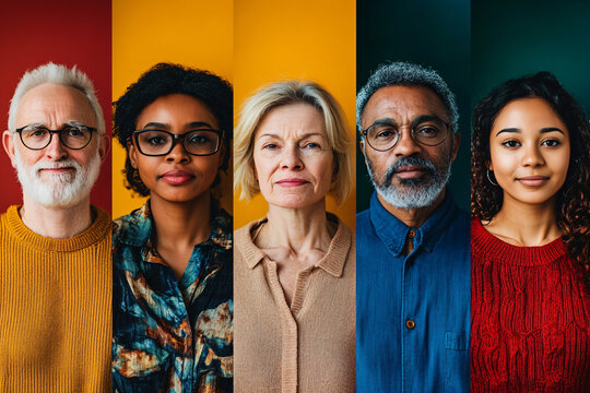 Five diverse individuals in colorful panels showcasing their expressions and cultural diversity with a bold modern style  
