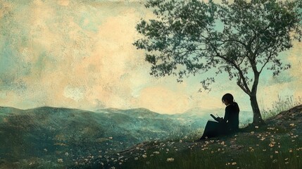 Obraz premium Woman Reading Underneath a Tree in Mountainous Landscape