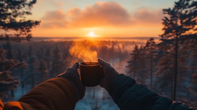 A person holding a steaming cup of coffee with a view of a winter sunrise over a misty forest.