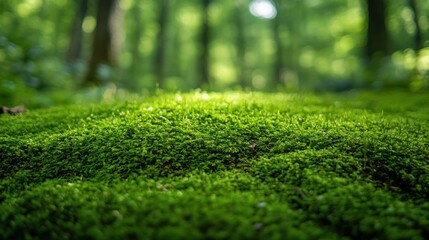 Naklejka premium A serene forest scene featuring lush green moss covering the ground.