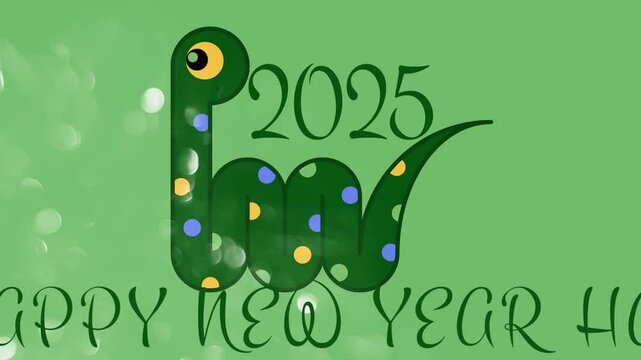 2025 Happy New Year. Loop animation with snake python symbol of the year on colorful background. Seamless holiday footage.