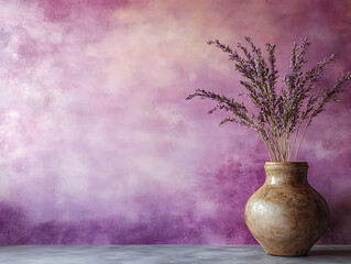  Interior background of room with brown stucco wall and vase with branch 3d rendering Lavender Fields Lavender dusty purple sage green pale yellow Retro Pixelated