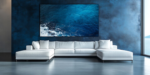  Interior of living room with white sofaand coffee table panorama 3d rendering Deep Sea Navy aqua cobalt blue dark teal Collage