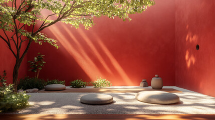  A minimalist Zen garden with a tree a stone and a sand and stone platform Electric Rainbow Bright red lime green royal blue sunshine yellow Psychedelic Art