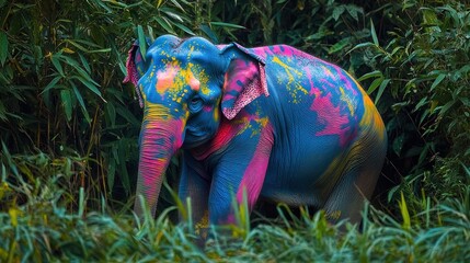 Obraz premium A colorful elephant in a lush green environment, showcasing vibrant body art.