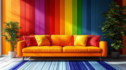  Modern interior of living room with wooden dresser 3d rendering Electric Rainbow Bright red lime green royal blue sunshine yellow Anime/Manga Style