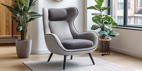  Minimalist interior design with a mid-century modern armchair and a potted plant in a bright room with a white wall and wooden floor Morning Dew Light green pale blue lavender soft gray Pop Art