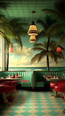  Retro Diner with a Twist Jewel tones vintage diner furniture abstract art a unique and fun space Emerald and White Emerald green white gold dark gray Impressionism