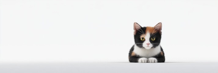 3D calico cat icon with paws tucked beneath, in a relaxed seated pose, against a simple white backdrop