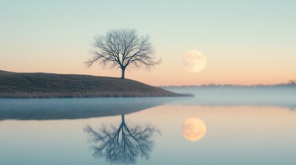 Fototapeta premium A serene landscape featuring a tree, moon, and calm water reflecting the tranquil scene.