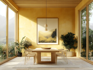  Interior design of modern dining room dining table and wooden chairs 3d rendering Safari Adventure Olive khaki deep brown soft yellow Geometric Art