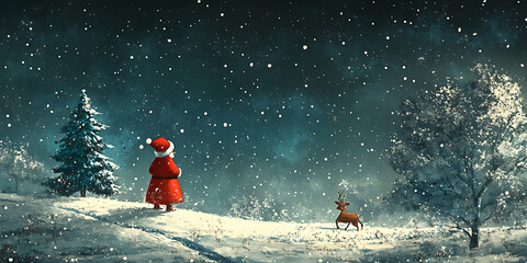  Adorable cartoon Santa rabbit in a snowy winter night with a reindeer and a Christmas tree in the background Bold Primary Red blue yellow white Grunge