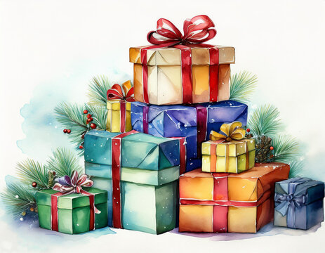 A pile of watercolor christmas present boxes.