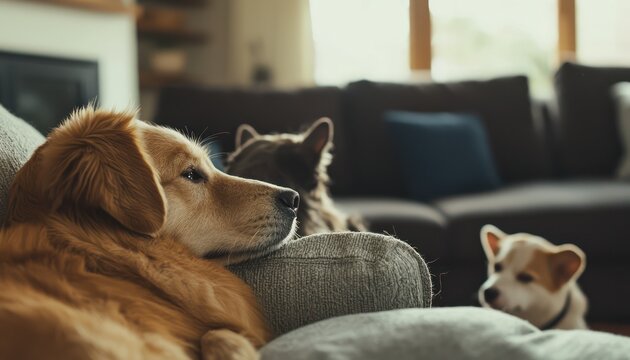 Friendly pet sitter caring for multiple animals at home.