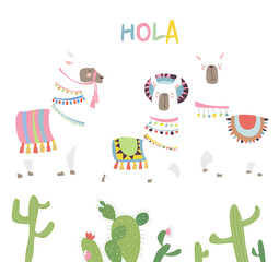 Cute friends mexican white alpaca llamas. Vector illustration © Maria Starus
