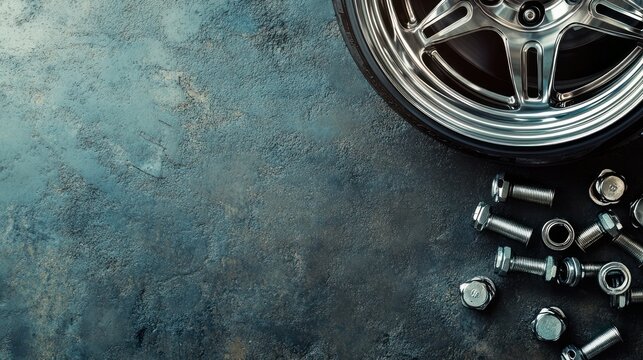 Close-Up Of Car Wheel Rim With Loose Bolts On Ground
