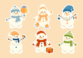 Stickers of snowmen. Snowman in a hat, scarf, New Year and Christmas decorations. Collection of cute snowman. Christmas winter character. Children's greeting card. Vector stickers.